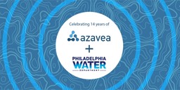 graphic that says &quot;Celebrating 14 years of Azavea + Philadelphia Water Department&quot; in the center of water ripples overlaid on topographic outline designs.