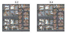 Examples of randomly dropped buildings.  (Light blue are ground truth, orange are shifted outlines)