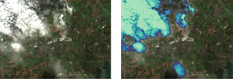 Aerial image of Greenwich, next to an identical image processed with cloud detection. Where clouds are present in the image, they are highlighted with a blue/green screen. 