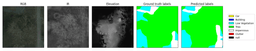 Example input and output of a semantic segmentation model that takes in 5-band images consisting of Red, Green, Blue, Infra-Red, and Elevation bands.