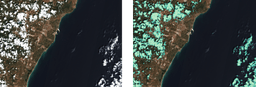 Aerial image of Castellón, next to an identical image processed with cloud detection. Where clouds are present in the image, they are highlighted with a blue/green screen. 