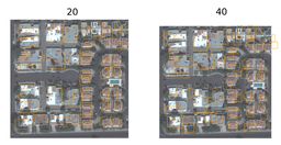 Examples of randomly shifted buildings. (Light blue are ground truth, orange are shifted outlines)