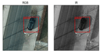 Two side-by-side arial images of a car on a road with a red box around the car in both images. The image on the right is darker than the one on the left. The image to the left has a header reading &quot;RGB&quot; where the image on the right reads &quot;IR&quot;