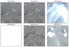 A screenshot of 6 aerial images with dates above them ranging from June 2 through June 17, 2023. 