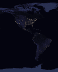 Image of the Earth as seen from space. North America is well-lit compared to South America. It illustrates a difficulty of applying machine learning to satellite imagery--not all places are equally visible.