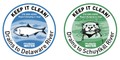 Two circular graphics stating &quot;keep it clean!&quot; and then information to report dumping or clocks. One of the graphics has a fish icon and says &quot;Drains to Delaware River&quot; and the other has an otter icon and says &quot;Drains to Schuylkill River&quot;. These are stormdrain markings designed by the Philadelphia Water Department. 