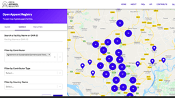 Image is a screenshot of the Open Apparel Registry with the search term of Agreement on Sustainable Garments and Textiles. The map is showing facilities in Bangladesh.