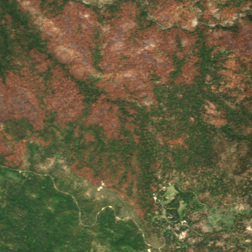 An aerial image of a partly tree-covered, partly rocky landscape. A crosshair is overlaid on the photo, pointing at one pixel at the center of the image.