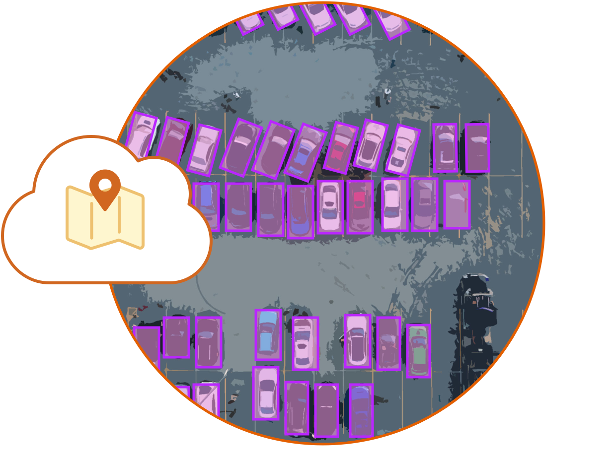 Illustration of cloud with a map marker overtop of an image of labeled cars in a parking lot.