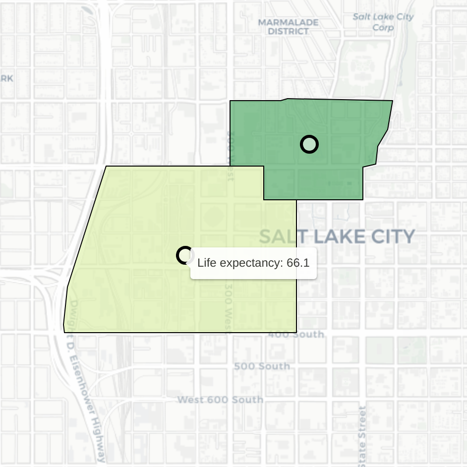crop of interactive map showing neighboring disparate life expectancies in Salt Lake Cities