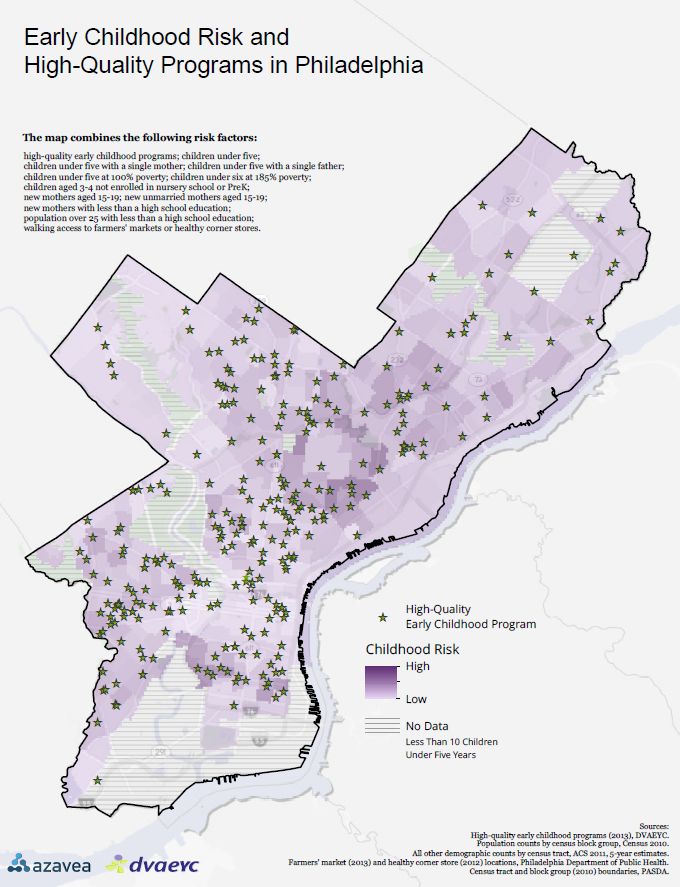 Figure 6 โ This map shows the completed raster risk analysis. The green stars are high-quality early childhood programs.