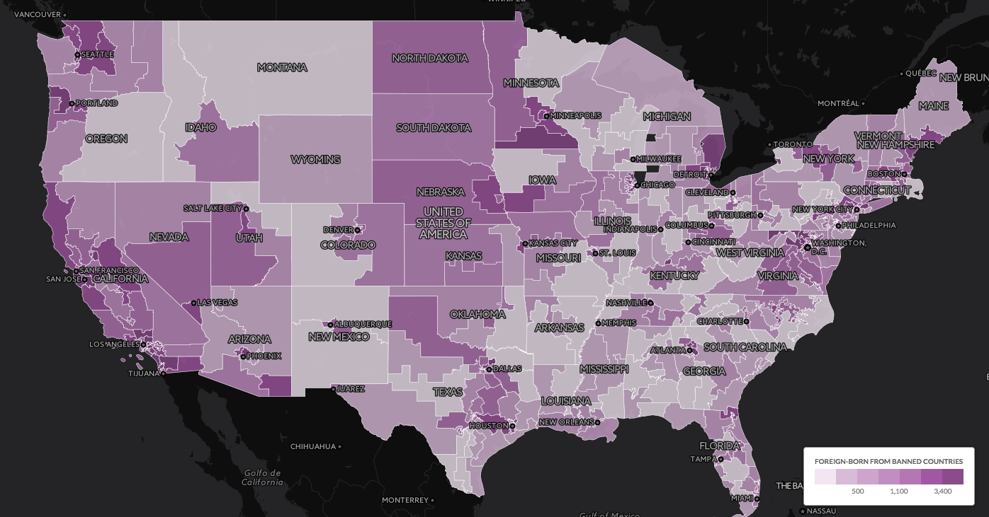 Map of where people will be impacted in the United States by Executive Order banning travel from 7 countries.