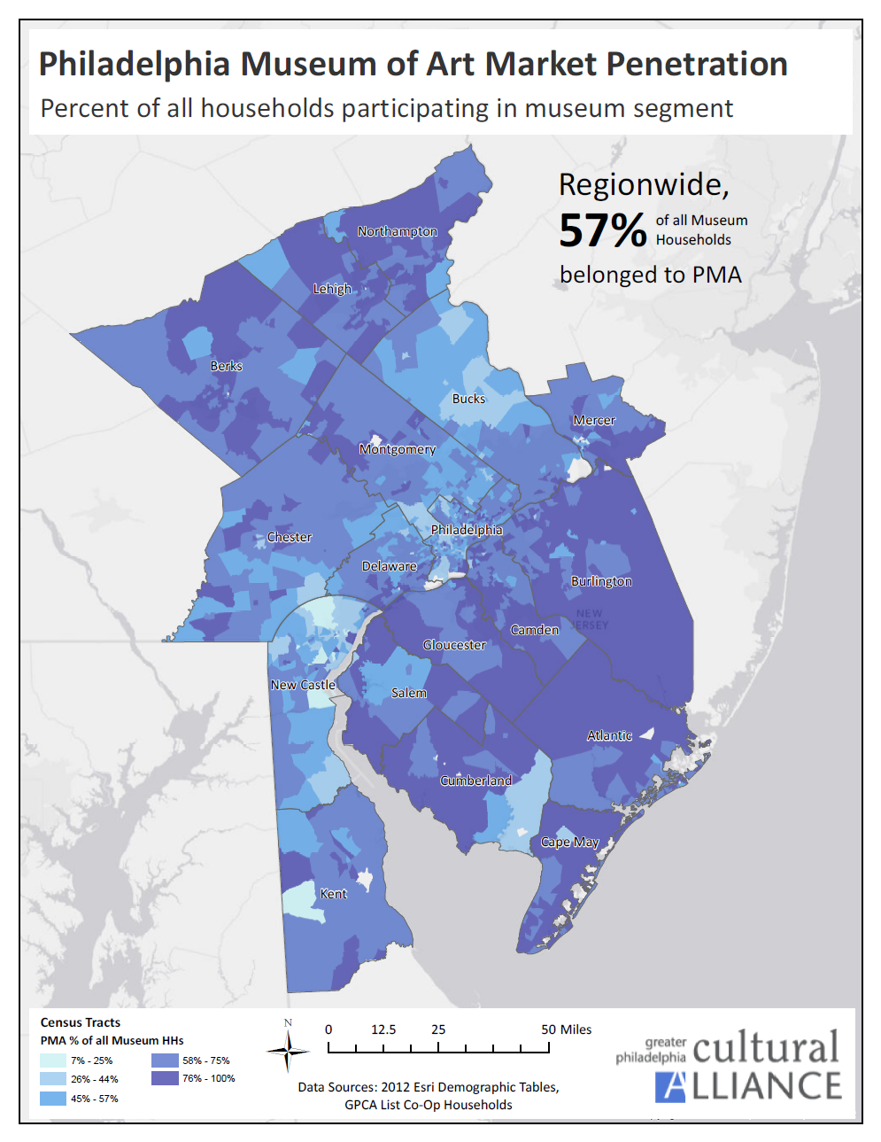 For example, we calculated the percent of all museum-going households in the Greater Philadelphia region who have visited the Philadelphia Museum of Art (PMA) and created a map of market penetration.