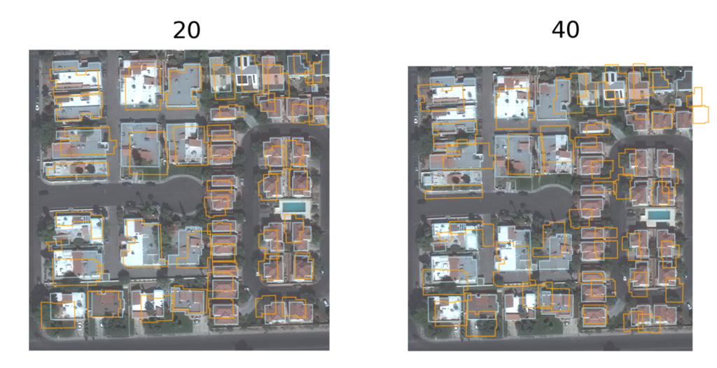 Examples of randomly shifted buildings. (Light blue are ground truth, orange are shifted outlines)