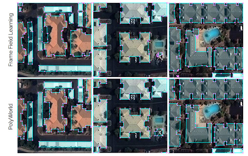A grid of 6 images showing the differences between PolyWorld and FFL. PolyWorld is apparently better at generating right angles and more parsimonious polygons with fewer vertices.