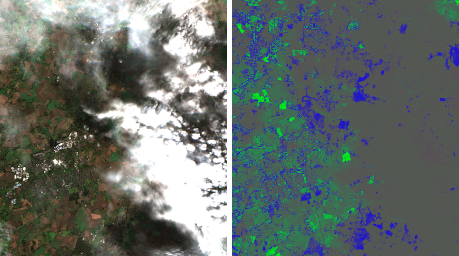 A cloudy scene (left) with the associated attention map (right). Here, the attention mechanism in the model ignores clouds and cloud shadows and attends to unoccluded ground.