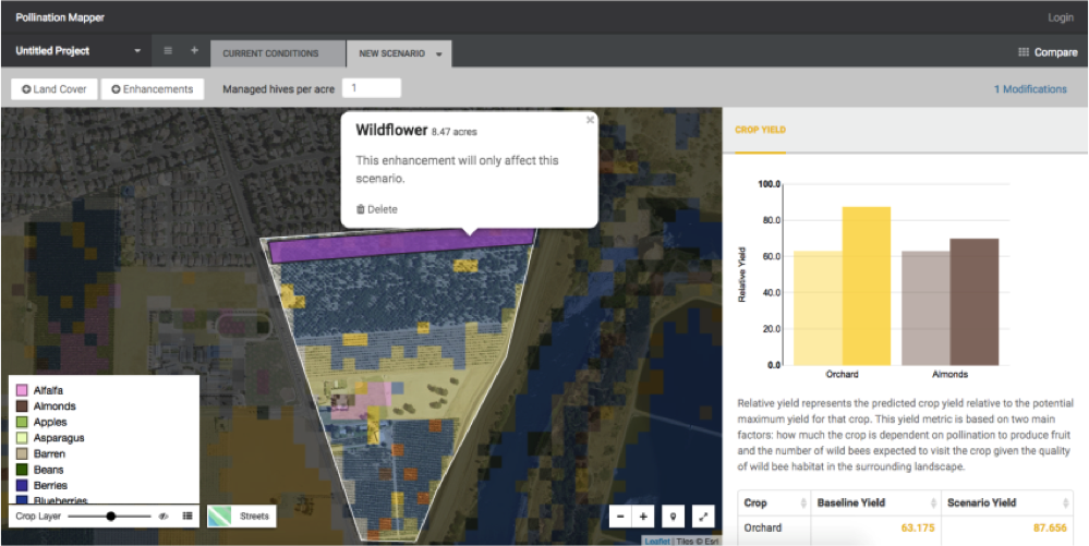 Pollination mapper interface with an area of wildflowers selected in a triangle-esque polygon shape with a window depicting crop yield.