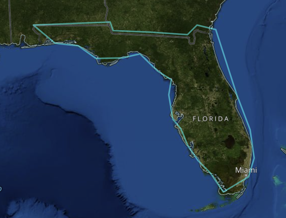 A screenshot of the state of Florida with a loose outline around it in the color blue.