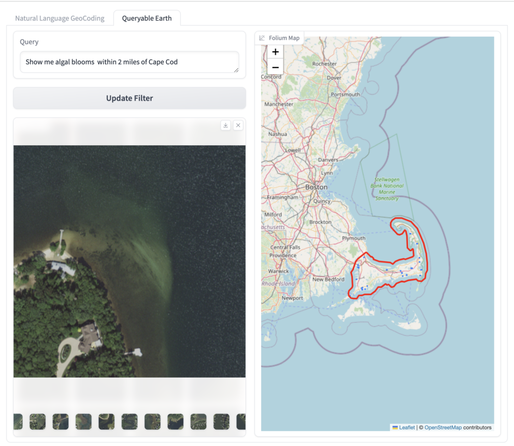 image3-1 Partial screenshot of the world map, the Natural Language Geocoding query selected is "Show me algal blooms within 2 miles of Cape Cod" and the portion of Massachusetts is appropriately outlined in a blue line. There is an image of the algal blooms tiled next to the map.