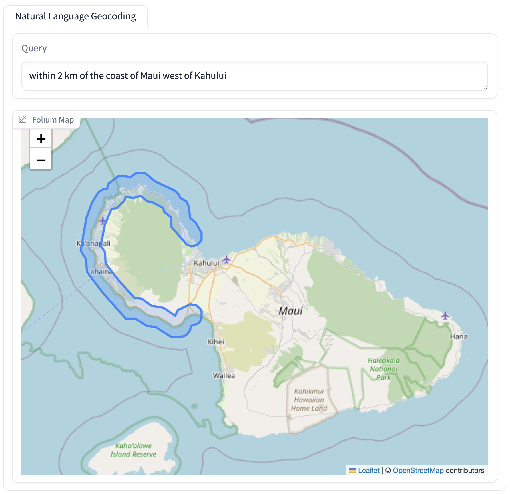 Partial screenshot of the world map, the Natural Language Geocoding query selected is "within 2 km of the coast of Maui west of Kahului" and the portion of Maui is appropriately outlined in a blue line.