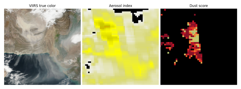 Three side-by-side images. The leftmost image is VIIRs true color, the middle image is the Aerosol index, and the rightmost image is the dust score.