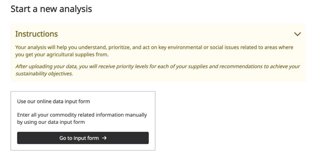 A screenshot depicting what the process of starting a new analysis looks like within CommodityMap including an input form button for adding data.