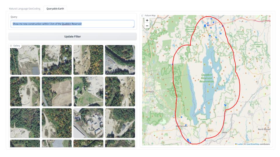 A screenshot of queryable earth showing the query "show me new construction within 5 km of the Quabbin Reservoir". There are aerial images depicting the region requested, as well as a map with the requested area outlined in red.