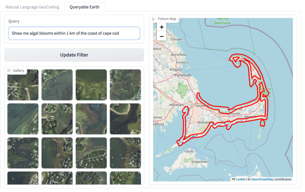 Screenshot of queryable earth showing a query "show me algal blooms within 1 km of of the coast of cape cod". There is an outline around cape cod showing that area and aerial snapshots of specific algal blooms in the selected area.