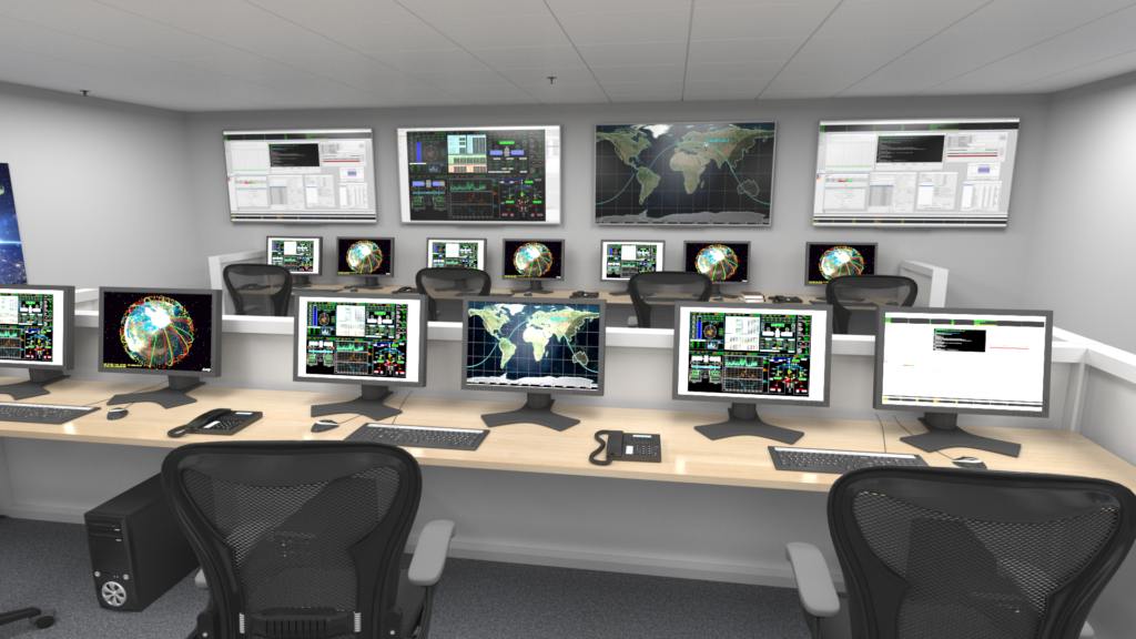 Image of a control room with many computer monitors showing sensors and map data. 