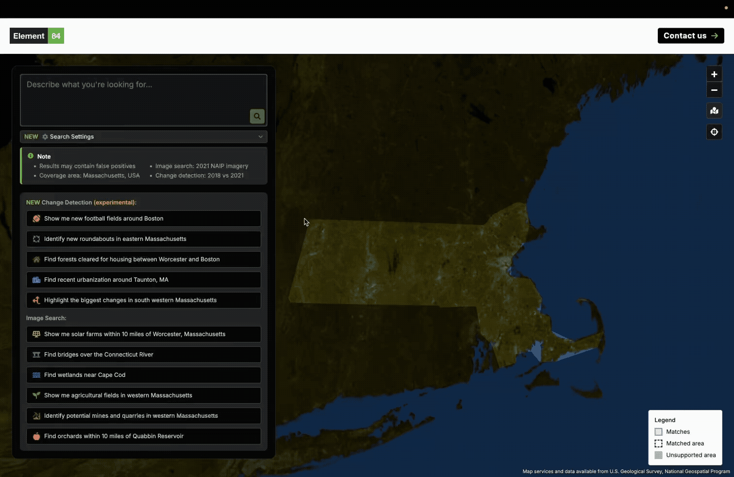 image2 A gif showing the change detection feature in our demos. the query used is "show me new football fields around boston" and users are able to compare plots with football fields from 2018 to 2021.