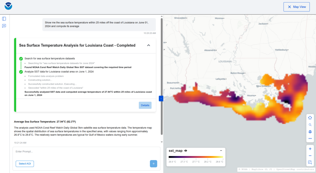 Example response for a question about sea surface temperature. The left side of the image includes a plan for answering the question, and the right side includes an interactive heat map with orange, yellow, and purple shaded in regions around the coast south of Louisiana to show sea surface temperature. 