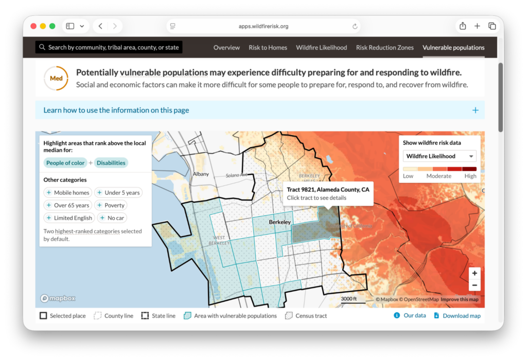 Screenshot of our wildfire risk application showing a map highlighting Alameda County, CA with a warning that reads "Medium -- potentially vulnerable populations may experience difficulty preparing for and responding to wildfire."